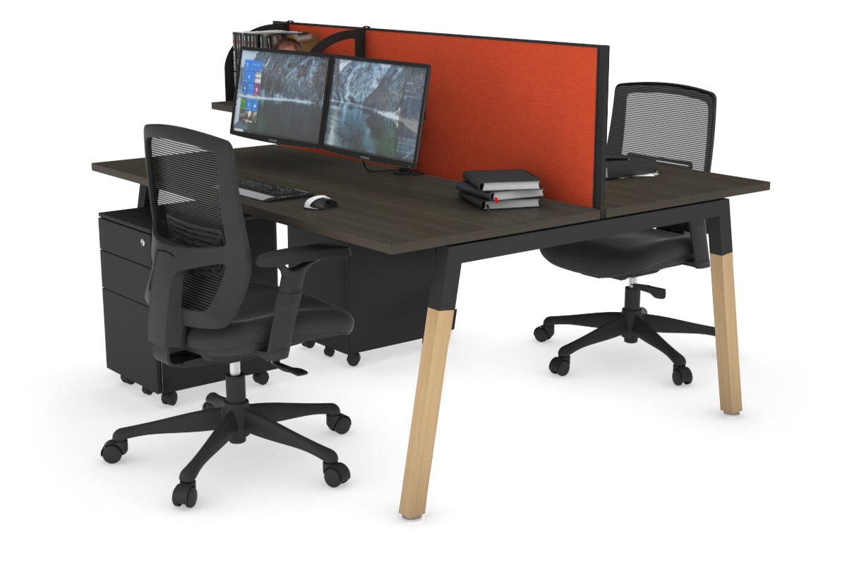 Quadro A Leg 2 Person Office Workstations - Wood Leg Cross Beam [1400L x 700W] Jasonl black leg dark oak orange squash (500H x 1400W)