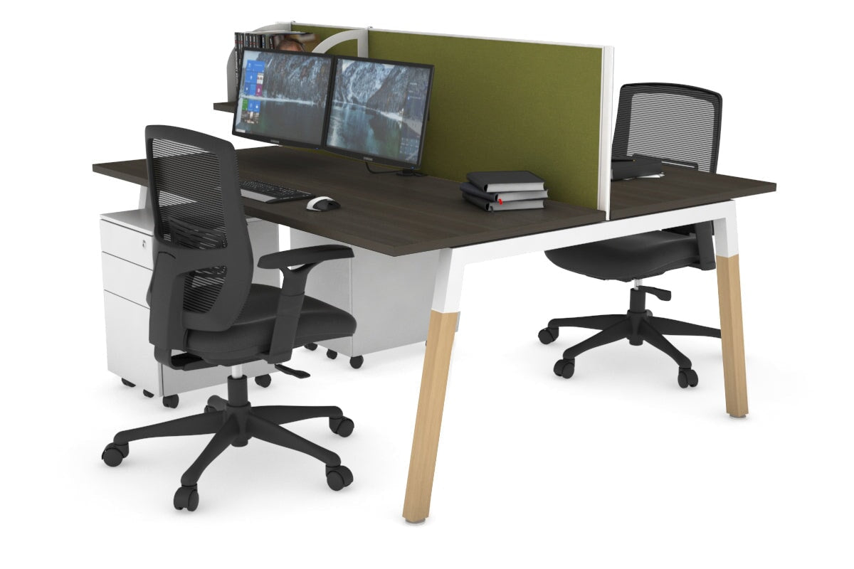 Quadro A Leg 2 Person Office Workstations - Wood Leg Cross Beam [1400L x 700W] Jasonl white leg dark oak green moss (500H x 1400W)