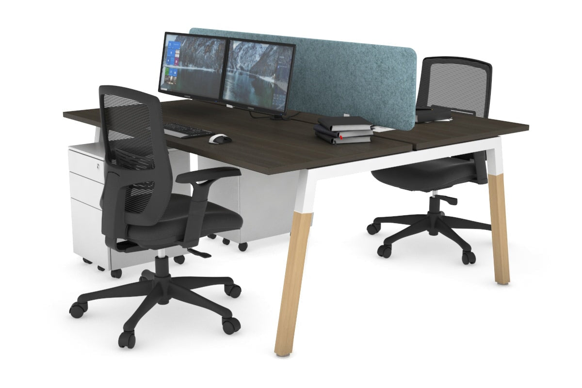 Quadro A Leg 2 Person Office Workstations - Wood Leg Cross Beam [1600L x 700W] Jasonl white leg dark oak blue echo panel (400H x 1600W)