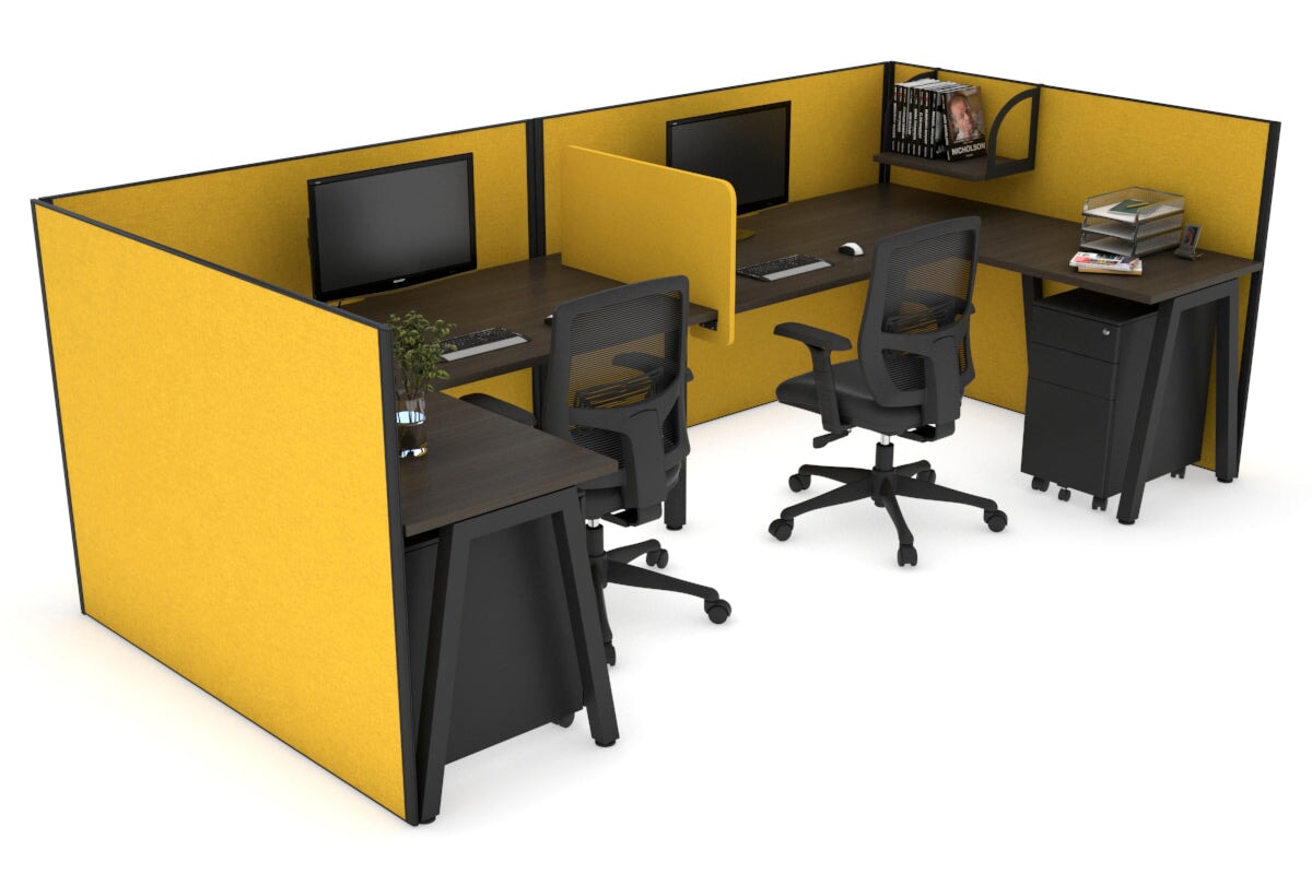 Quadro A Leg 2 Person Corner Workstations - U Configuration - Black Frame [1400L x 1800W with Cable Scallop] Jasonl dark oak mustard yellow biscuit panel