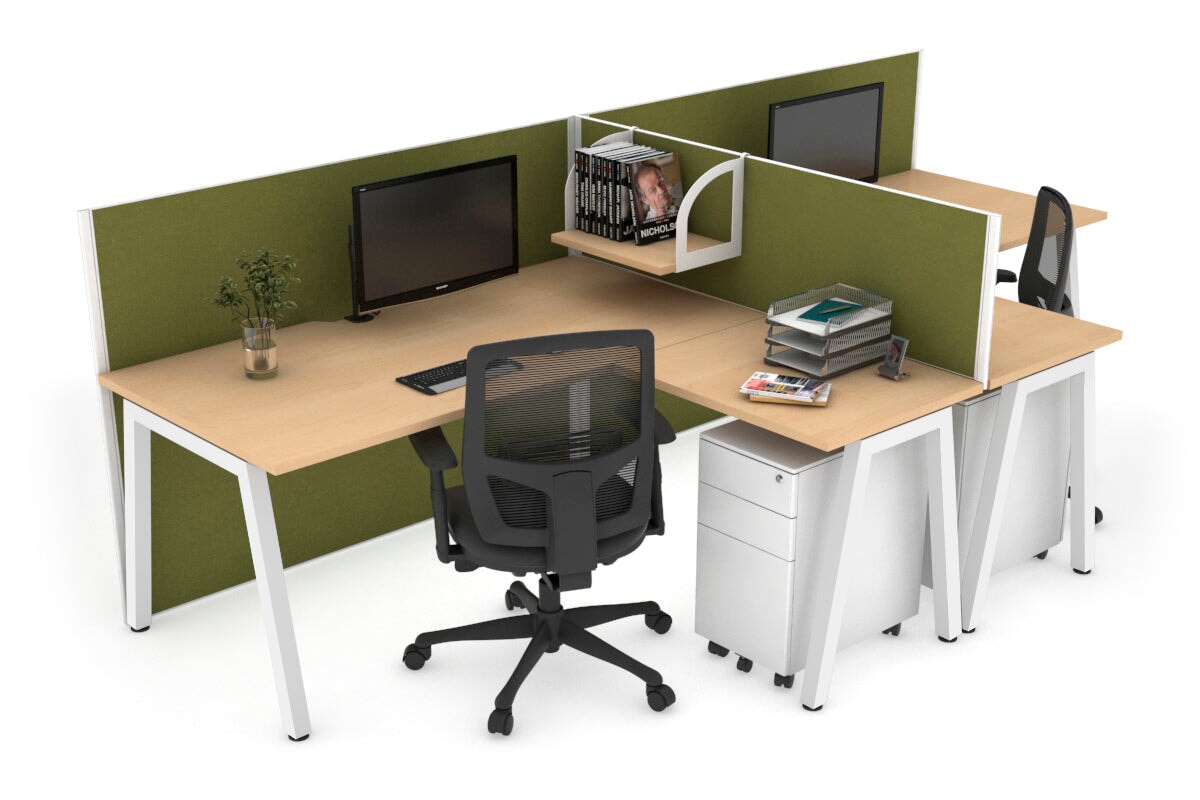 Quadro A Leg 2 Person Corner Workstations - T Configuration [1400L x 1800W with Cable Scallop] Jasonl white leg maple green moss