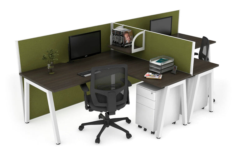 Quadro A Leg 2 Person Corner Workstations - T Configuration [1400L x 1800W with Cable Scallop] Jasonl white leg dark oak green moss