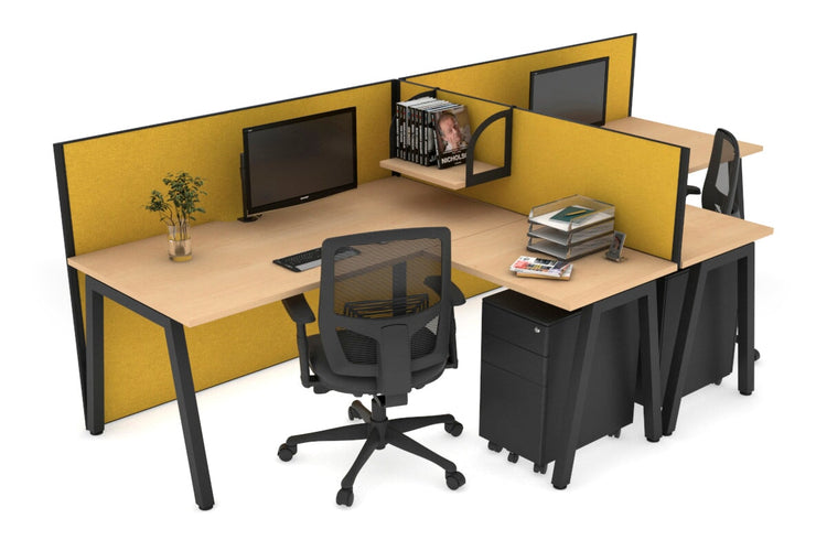 Quadro A Leg 2 Person Corner Workstations - T Configuration [1400L x 1800W with Cable Scallop] Jasonl black leg maple mustard yellow