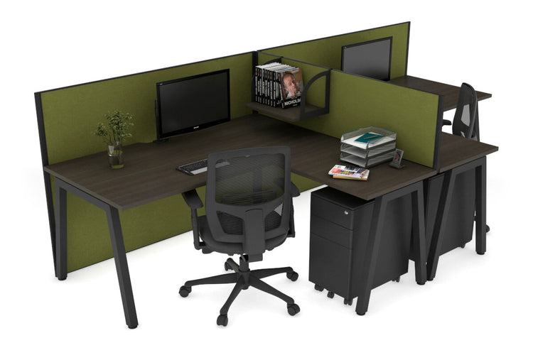 Quadro A Leg 2 Person Corner Workstations - T Configuration [1400L x 1800W with Cable Scallop] Jasonl black leg dark oak green moss