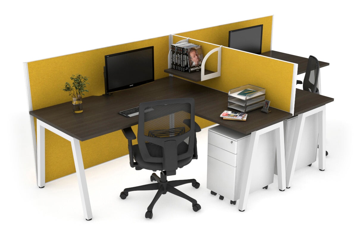Quadro A Leg 2 Person Corner Workstations - T Configuration [1400L x 1800W with Cable Scallop] Jasonl white leg dark oak mustard yellow