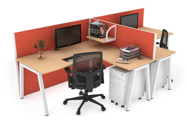 Quadro A Leg 2 Person Corner Workstations - T Configuration [1600L x 1800W with Cable Scallop] Jasonl white leg maple squash orange