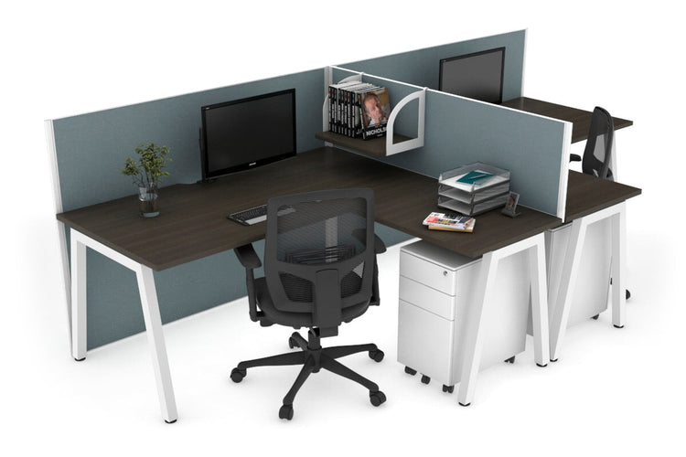 Quadro A Leg 2 Person Corner Workstations - T Configuration [1600L x 1800W with Cable Scallop] Jasonl white leg dark oak cool grey