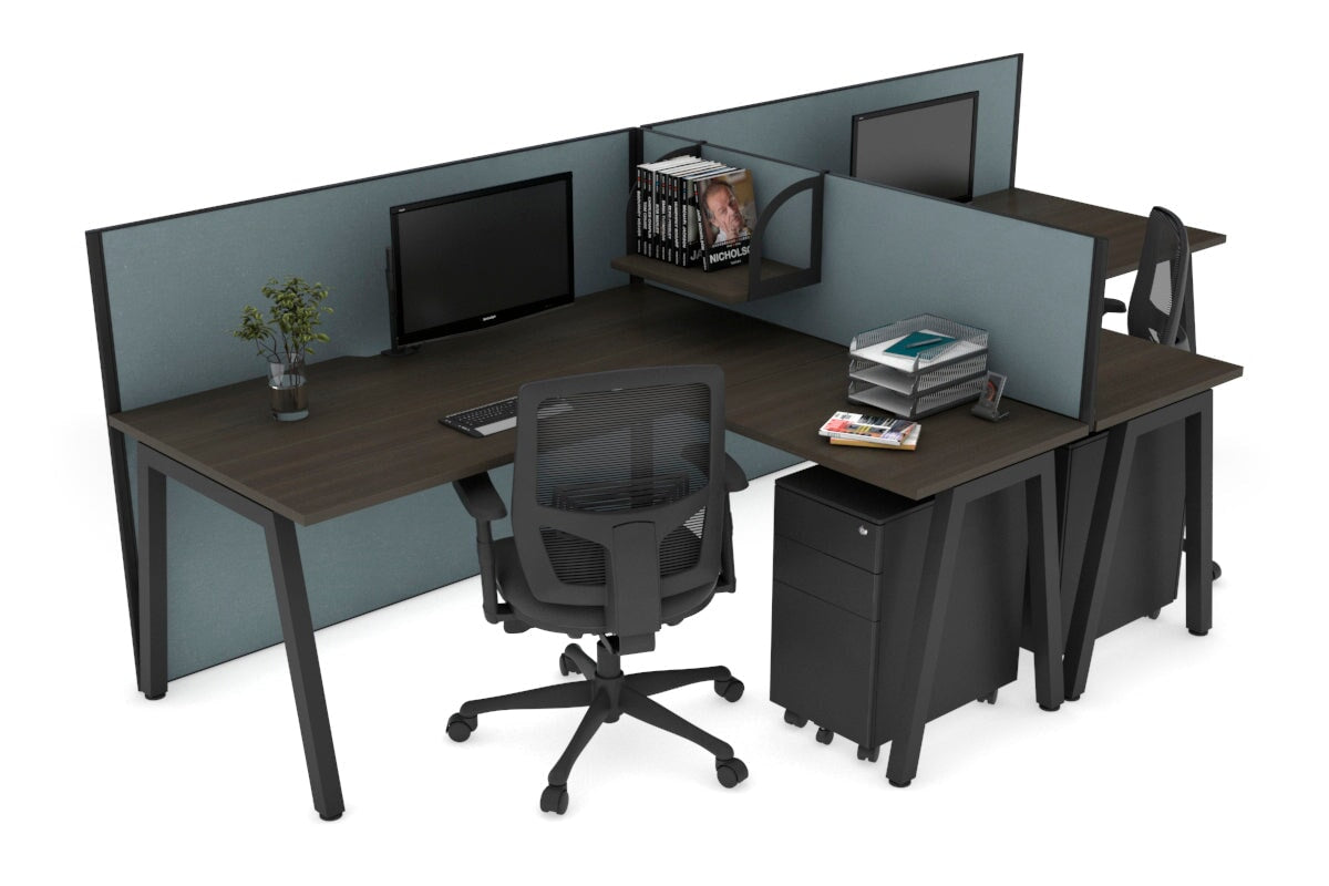 Quadro A Leg 2 Person Corner Workstations - T Configuration [1600L x 1800W with Cable Scallop] Jasonl black leg dark oak cool grey