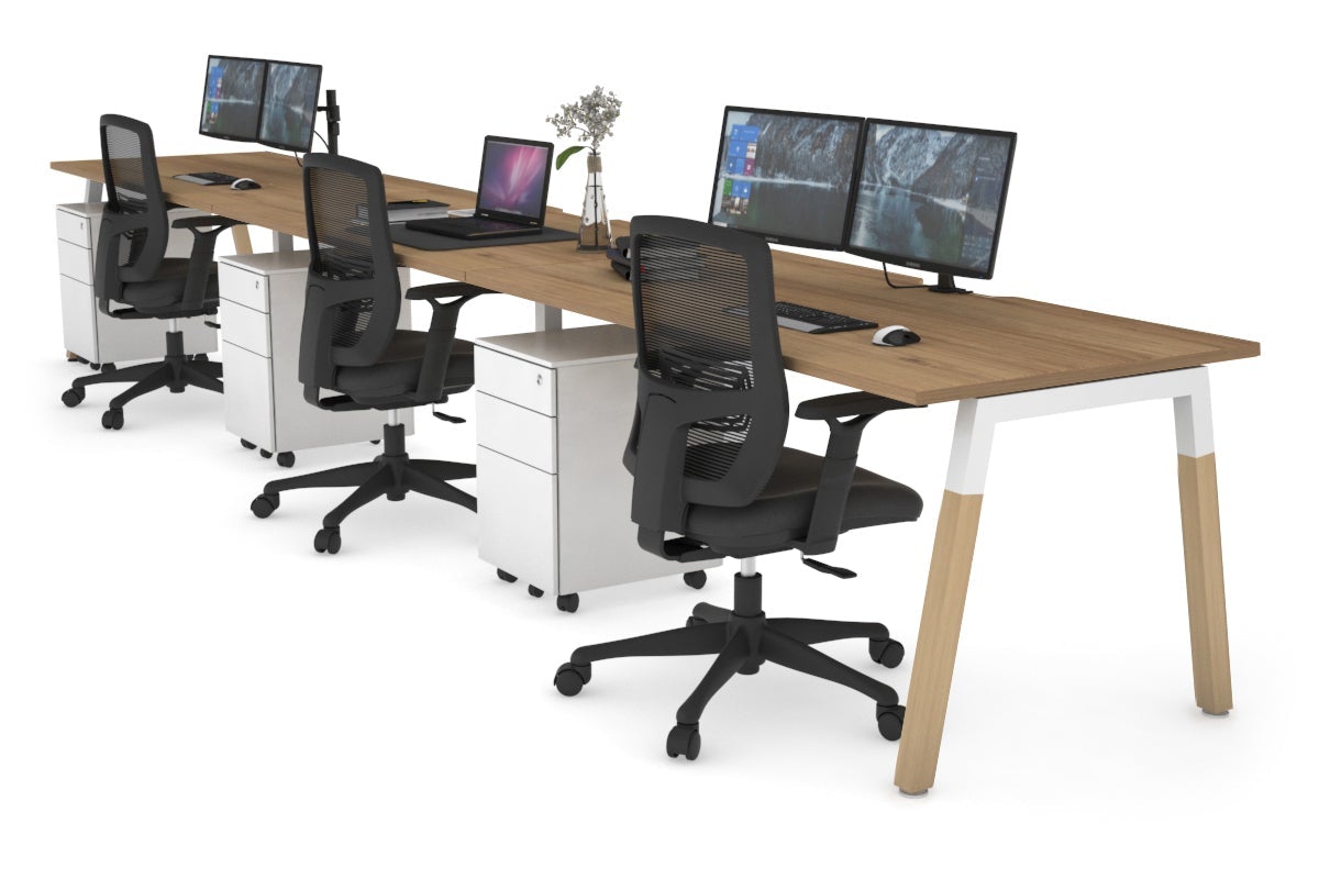 Quadro A Leg 3 Person Run Office Workstations - Wood Leg Cross Beam [1600L x 800W with Cable Scallop] Jasonl white leg salvage oak 