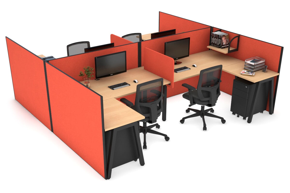 Quadro A leg 4 Person Corner Workstations - H Configuration - Black Frame [1600L x 1800W with Cable Scallop] Jasonl maple squash orange biscuit panel