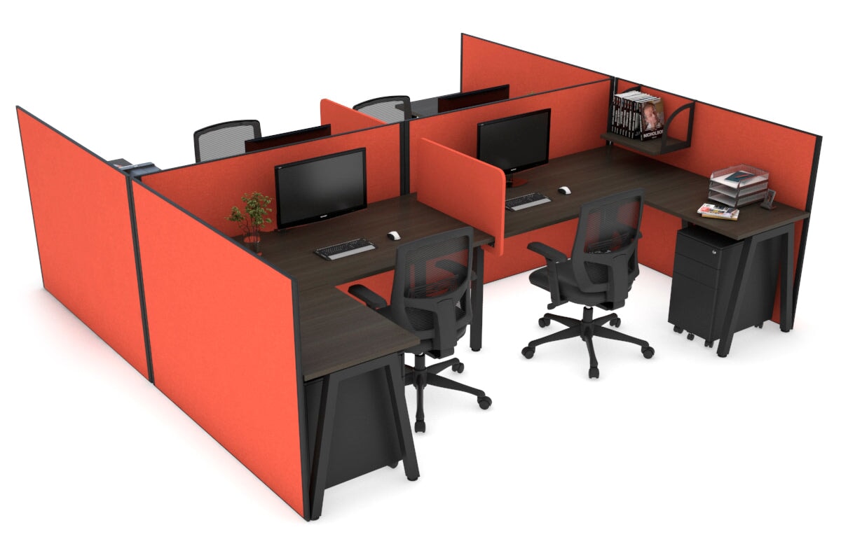 Quadro A leg 4 Person Corner Workstations - H Configuration - Black Frame [1600L x 1800W with Cable Scallop] Jasonl dark oak squash orange biscuit panel