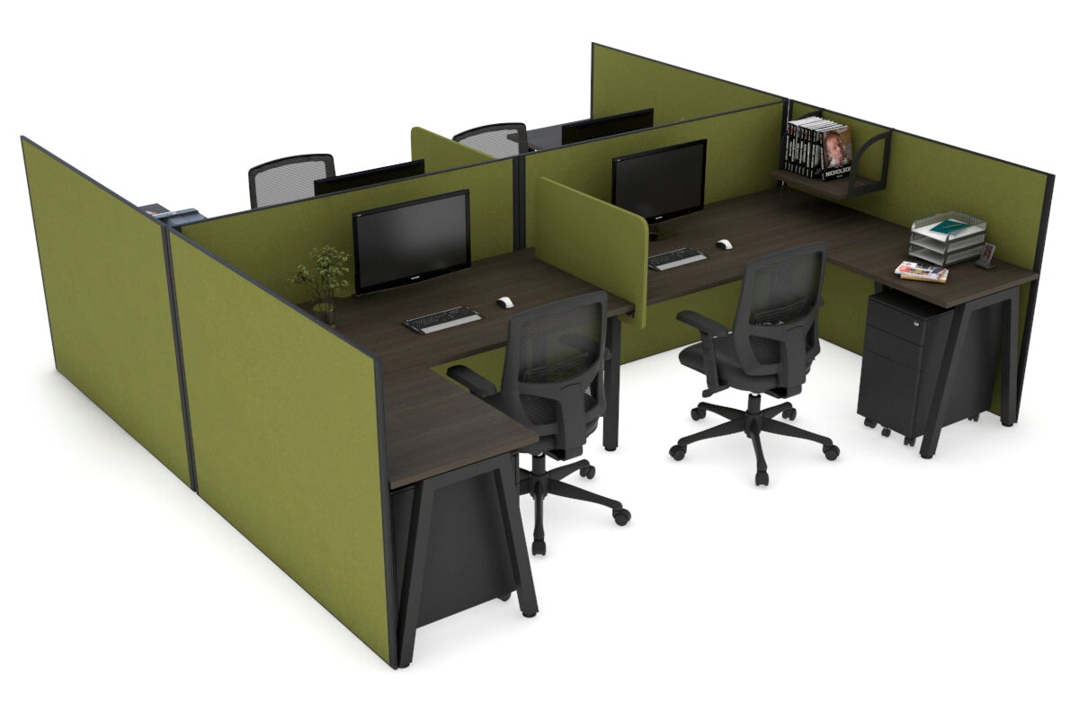 Quadro A leg 4 Person Corner Workstations - H Configuration - Black Frame [1600L x 1800W with Cable Scallop] Jasonl dark oak green moss biscuit panel