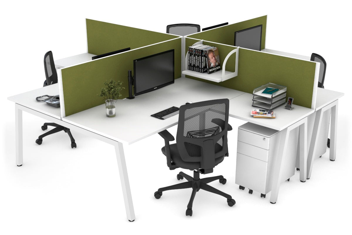 Quadro A leg 4 Person Corner Workstations [1400L x 1800W with Cable Scallop] Jasonl white leg white green moss