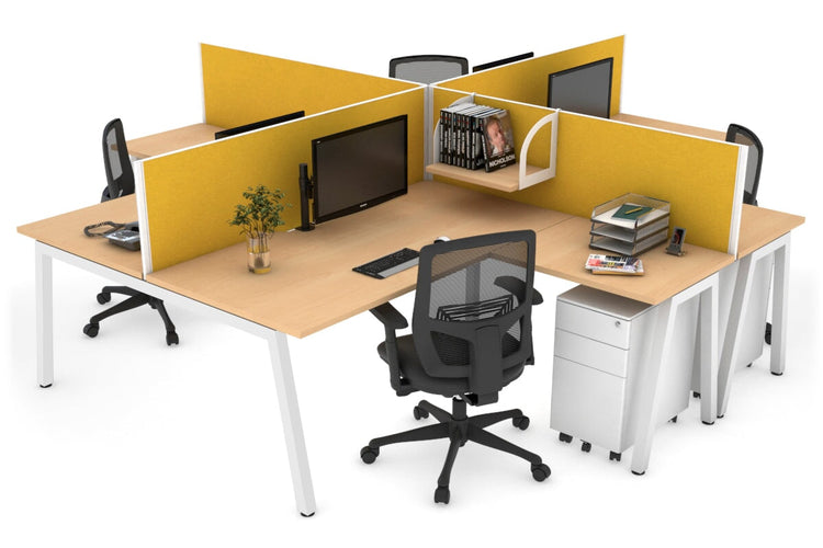 Quadro A leg 4 Person Corner Workstations [1400L x 1800W with Cable Scallop] Jasonl white leg maple mustard yellow