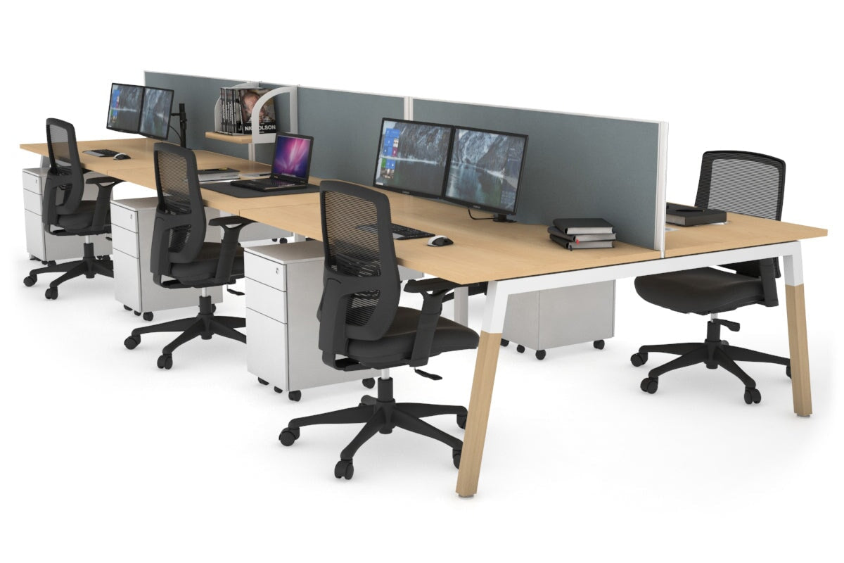 Quadro A Leg 6 Person Office Workstations - Wood Leg Cross Beam [1600L x 800W with Cable Scallop] Jasonl white leg maple cool grey (500H x 1600W)