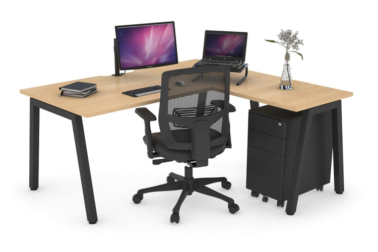 Quadro A Leg L-Shaped Corner Office Desk [1400L x 1800W with Cable Scallop] Jasonl black leg maple none