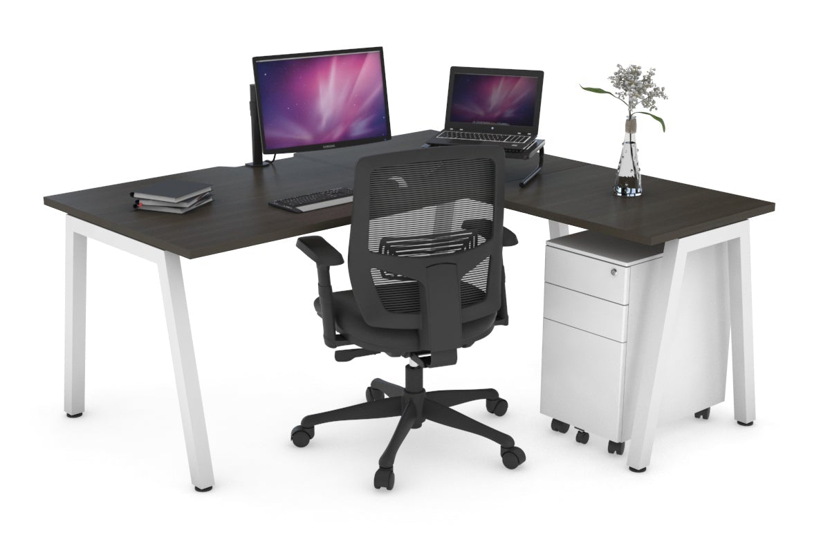 Quadro A Leg L-Shaped Corner Office Desk [1400L x 1800W with Cable Scallop] Jasonl white leg dark oak none