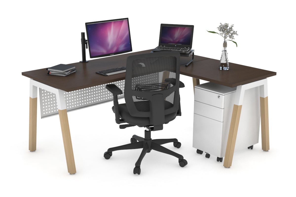 Quadro A Leg - L Shaped Corner Office Desk - Wood Leg Cross Beam [1400L x 1450W] Jasonl white leg wenge white modesty