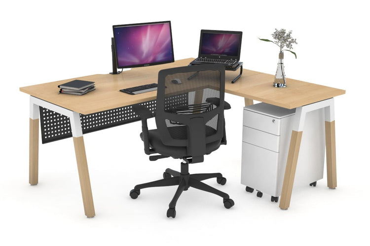 Quadro A Leg - L Shaped Corner Office Desk - Wood Leg Cross Beam [1400L x 1550W with Cable Scallop] Jasonl white leg maple black modesty