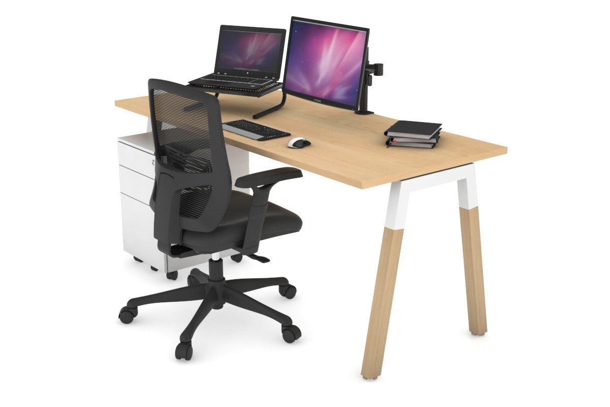 Quadro A Leg Office Desk - Wood Leg Cross Beam [1200L x 700W] Jasonl white leg maple none