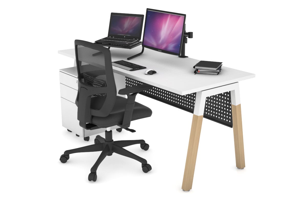 Quadro A Leg Office Desk - Wood Leg Cross Beam [1400L x 700W] Jasonl white leg white black modesty