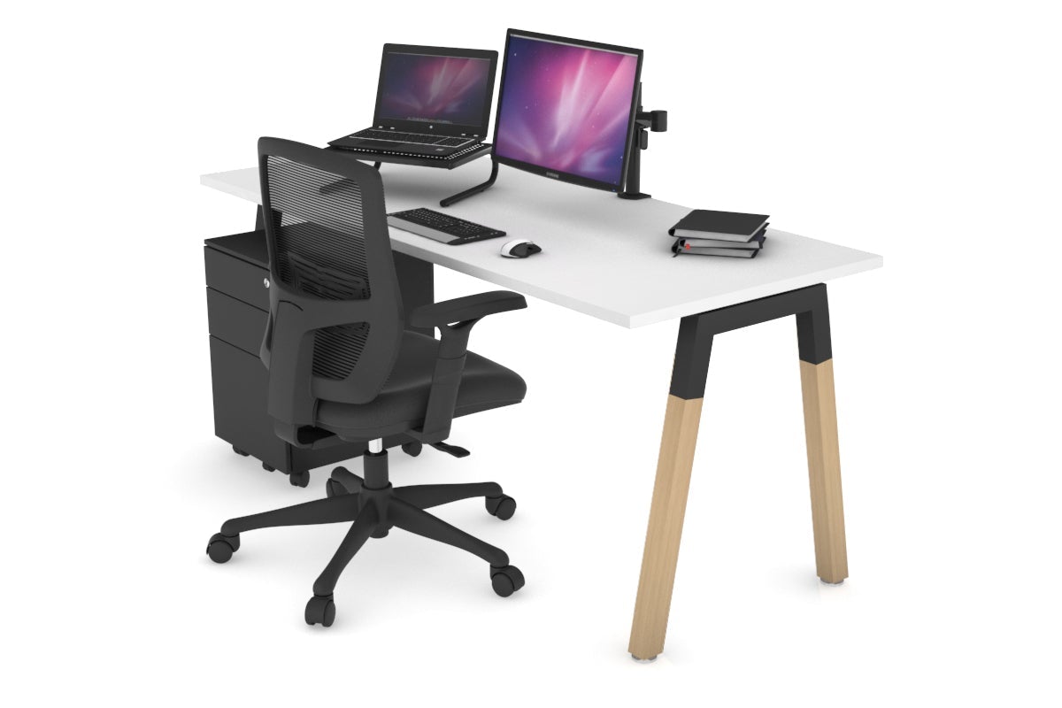 Quadro A Leg Office Desk - Wood Leg Cross Beam [1600L x 700W] Jasonl black leg white none