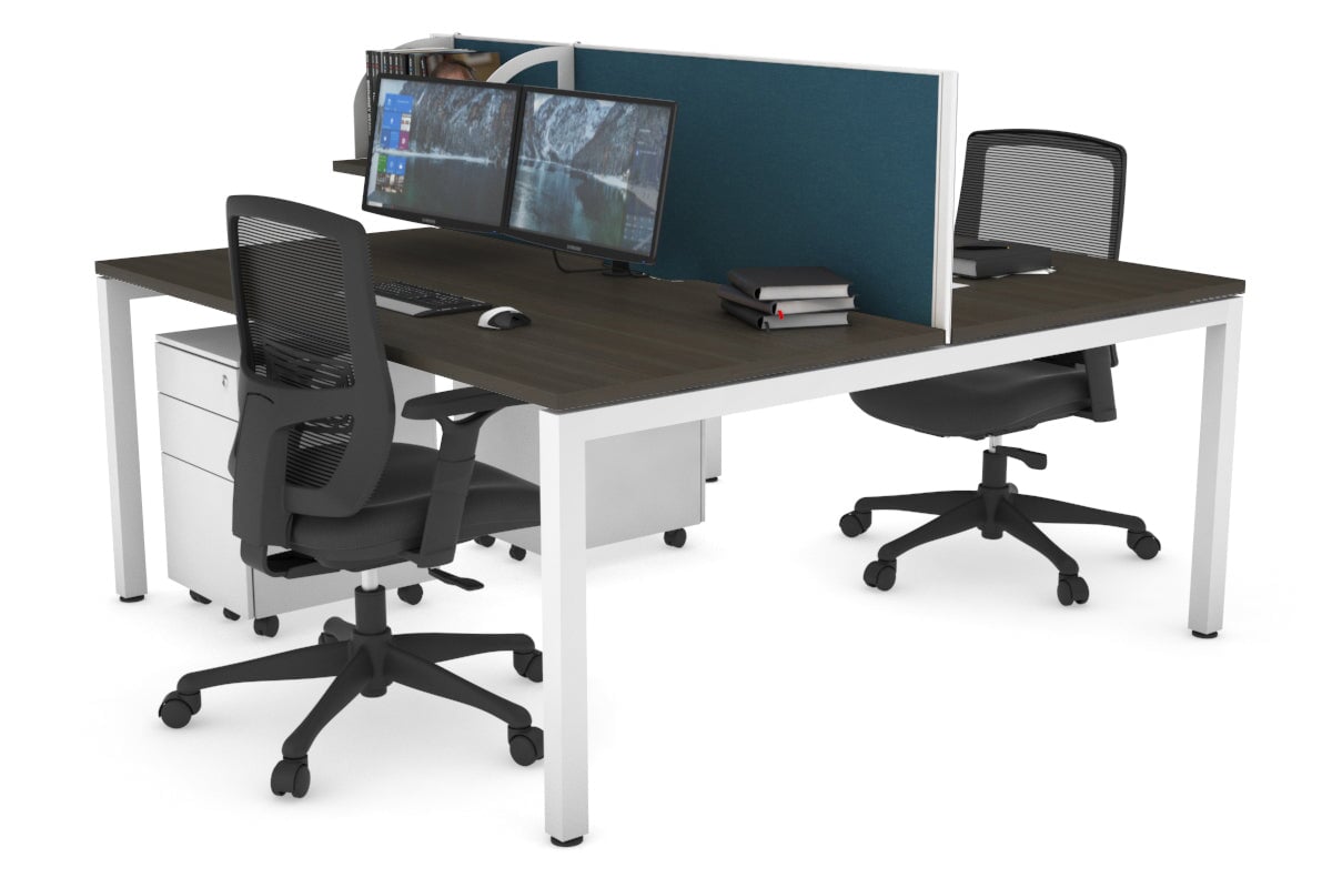 Quadro Square Leg 2 Person Office Workstations [1400L x 800W with Cable Scallop] Jasonl white leg dark oak deep blue (500H x 1400W)