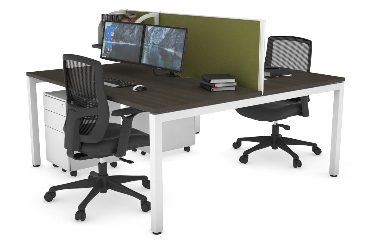 Quadro Square Leg 2 Person Office Workstations [1400L x 800W with Cable Scallop] Jasonl white leg dark oak green moss (500H x 1400W)