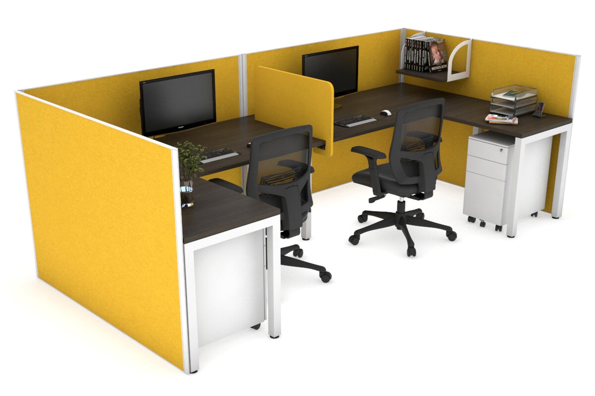Quadro Square Leg 2 Person Corner Workstations - U Configuration - White Frame [1400L x 1800W with Cable Scallop] Jasonl dark oak mustard yellow biscuit panel