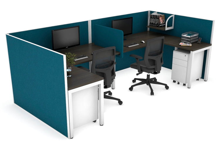 Quadro Square Leg 2 Person Corner Workstations - U Configuration - White Frame [1400L x 1800W with Cable Scallop] Jasonl dark oak deep blue biscuit panel
