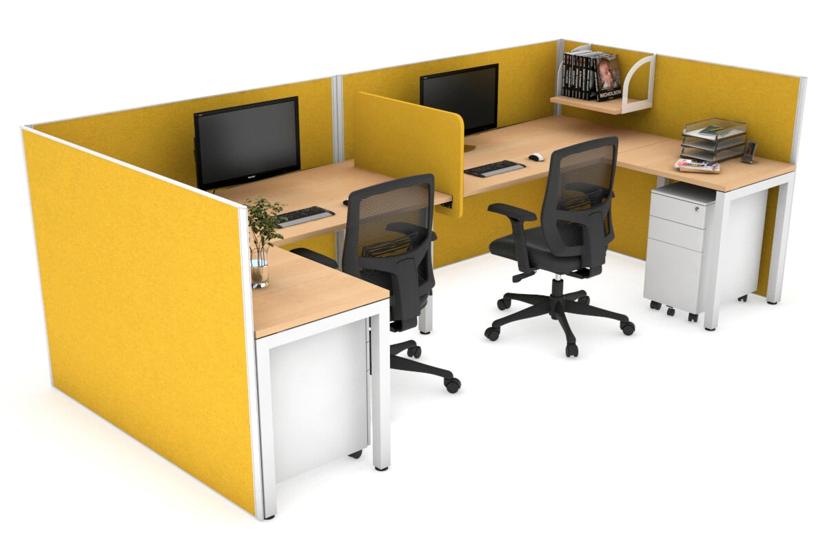 Quadro Square Leg 2 Person Corner Workstations - U Configuration - White Frame [1400L x 1800W with Cable Scallop] Jasonl maple mustard yellow biscuit panel
