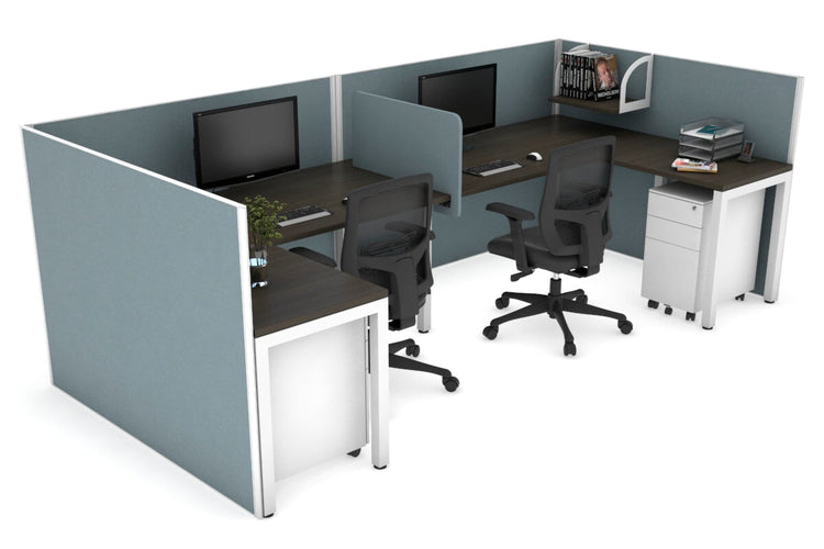 Quadro Square Leg 2 Person Corner Workstations - U Configuration - White Frame [1400L x 1800W with Cable Scallop] Jasonl dark oak cool grey biscuit panel