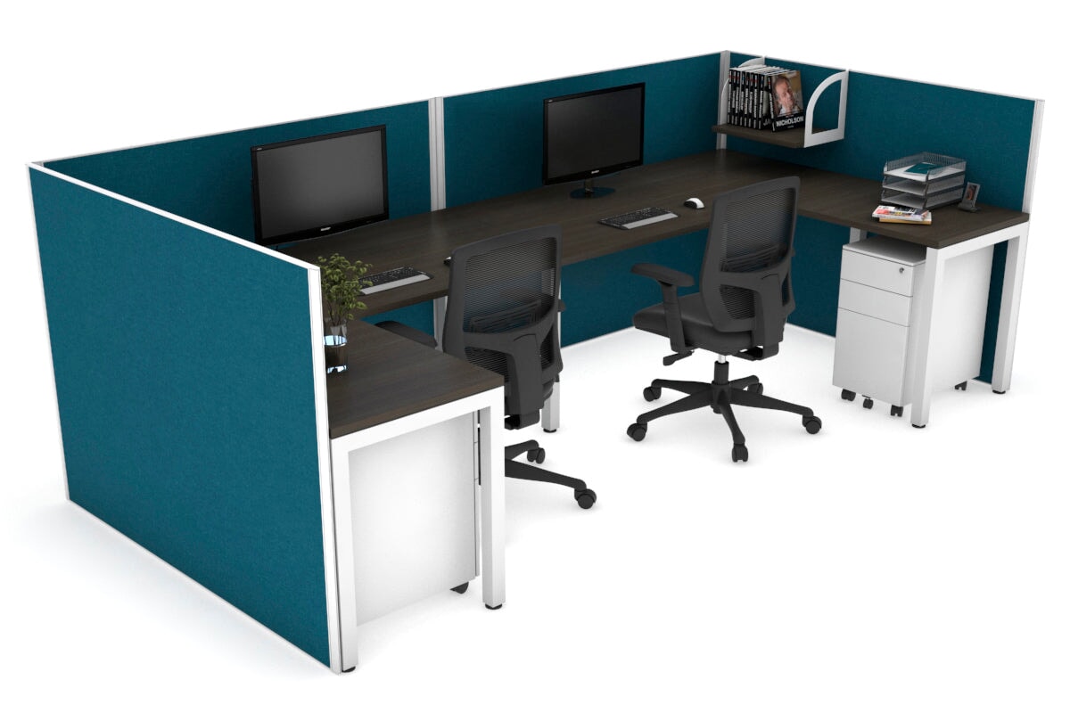 Quadro Square Leg 2 Person Corner Workstations - U Configuration - White Frame [1400L x 1800W with Cable Scallop] Jasonl dark oak deep blue none