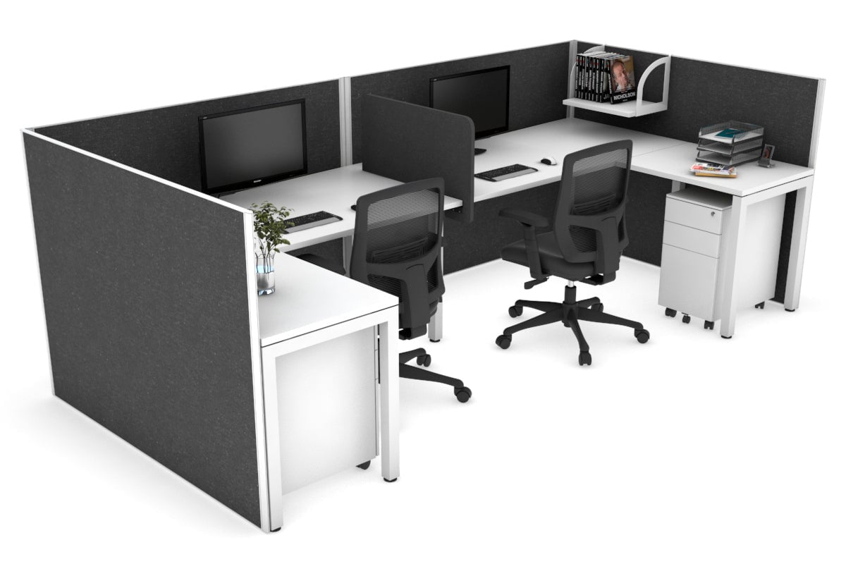 Quadro Square Leg 2 Person Corner Workstations - U Configuration - White Frame [1400L x 1800W with Cable Scallop] Jasonl white moody charcoal biscuit panel