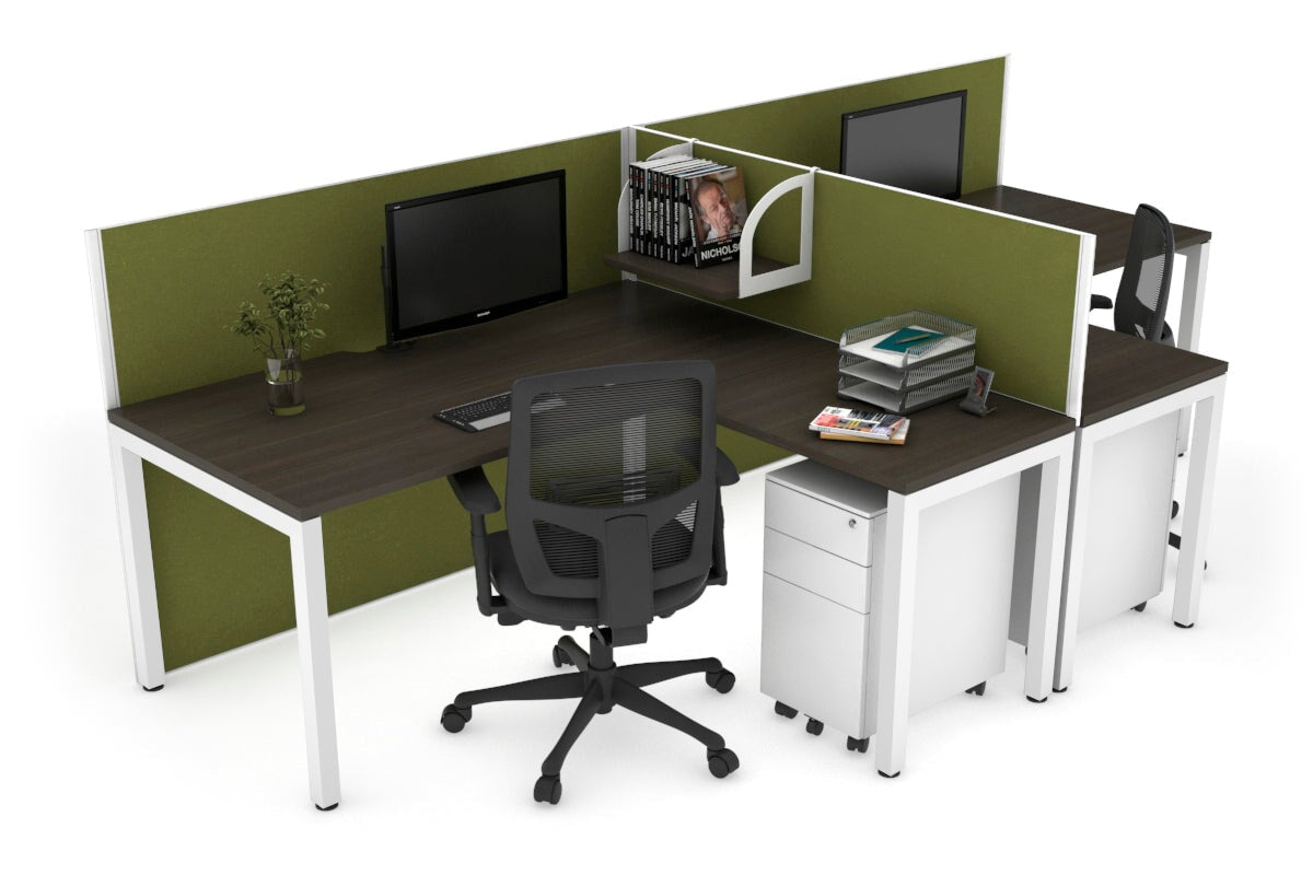 Quadro Square Leg 2 Person Corner Workstations - T Configuration [1400L x 1800W with Cable Scallop] Jasonl white leg dark oak green moss