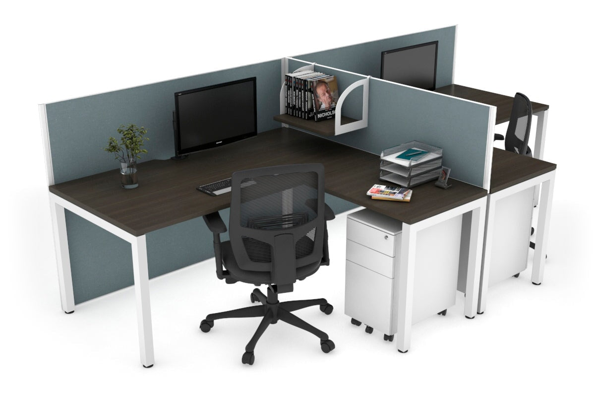 Quadro Square Leg 2 Person Corner Workstations - T Configuration [1400L x 1800W with Cable Scallop] Jasonl white leg dark oak cool grey