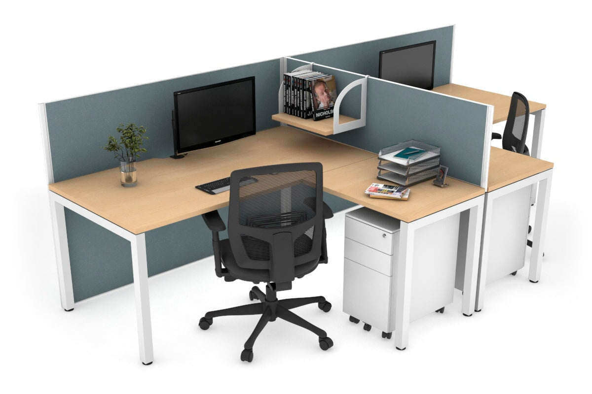 Quadro Square Leg 2 Person Corner Workstations - T Configuration [1400L x 1800W with Cable Scallop] Jasonl white leg maple cool grey