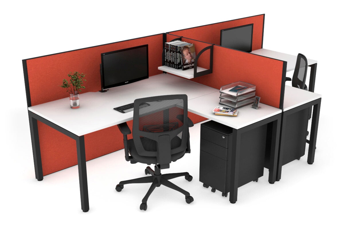 Quadro Square Leg 2 Person Corner Workstations - T Configuration [1400L x 1800W with Cable Scallop] Jasonl black leg white squash orange