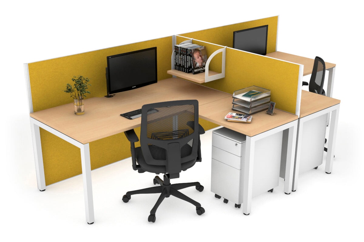 Quadro Square Leg 2 Person Corner Workstations - T Configuration [1400L x 1800W with Cable Scallop] Jasonl white leg maple mustard yellow