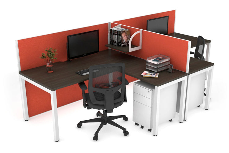 Quadro Square Leg 2 Person Corner Workstations - T Configuration [1400L x 1800W with Cable Scallop] Jasonl white leg dark oak squash orange