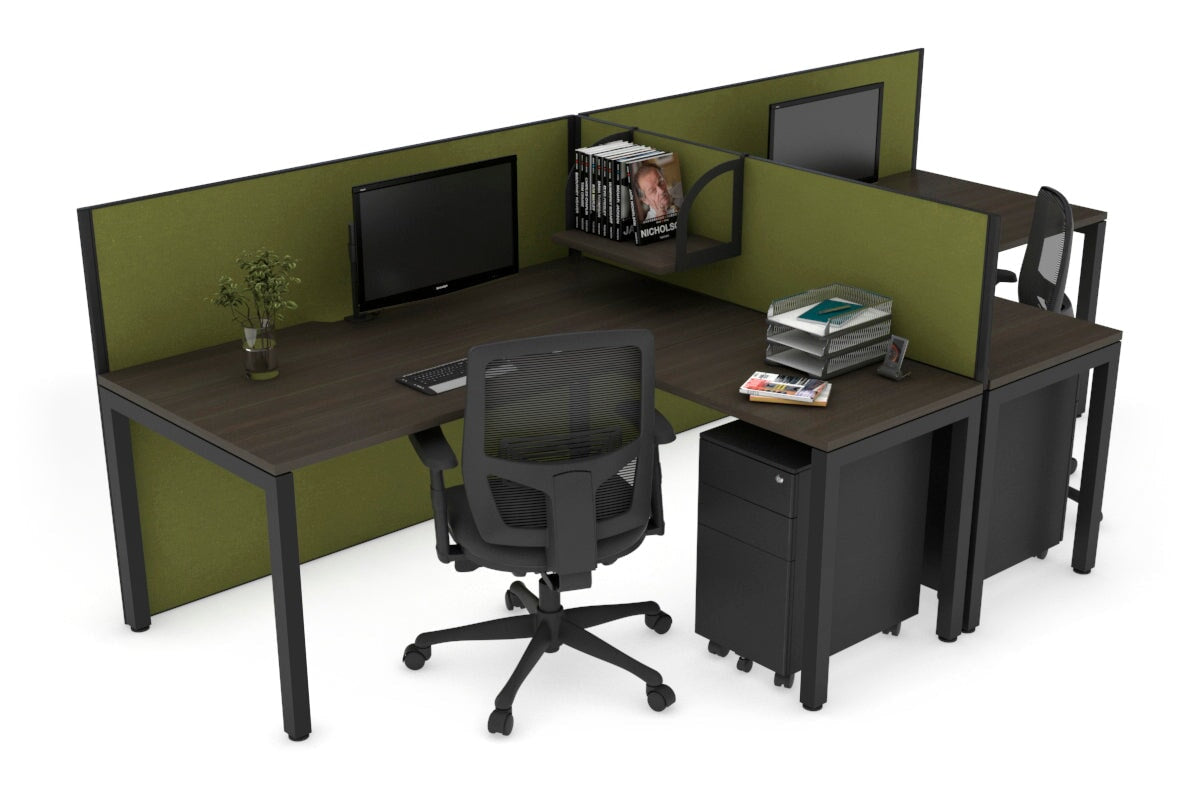 Quadro Square Leg 2 Person Corner Workstations - T Configuration [1600L x 1800W with Cable Scallop] Jasonl black leg dark oak green moss