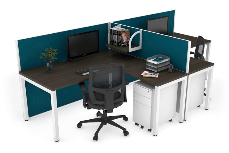Quadro Square Leg 2 Person Corner Workstations - T Configuration [1600L x 1800W with Cable Scallop] Jasonl white leg dark oak deep blue
