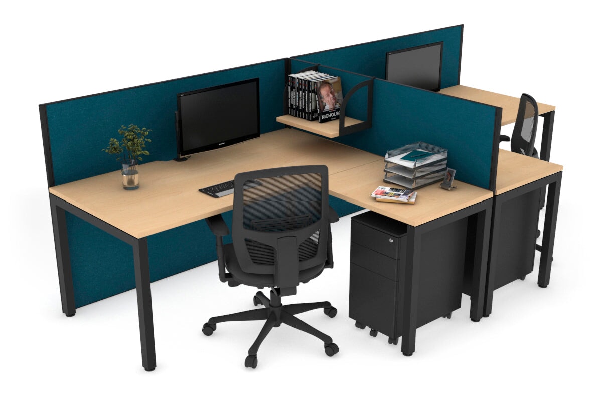 Quadro Square Leg 2 Person Corner Workstations - T Configuration [1600L x 1800W with Cable Scallop] Jasonl black leg maple deep blue