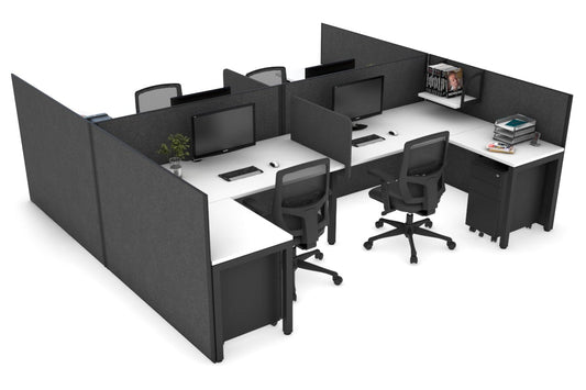 Quadro Square leg 4 Person Corner Workstations - H Configuration - Black Frame [1400L x 1800W with Cable Scallop] Jasonl white moody charchoal biscuit panel