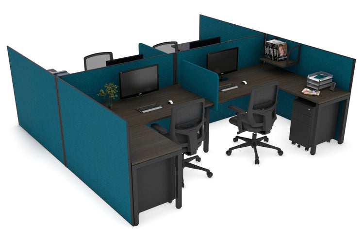 Quadro Square leg 4 Person Corner Workstations - H Configuration - Black Frame [1600L x 1800W with Cable Scallop] Jasonl dark oak deep blue biscuit panel