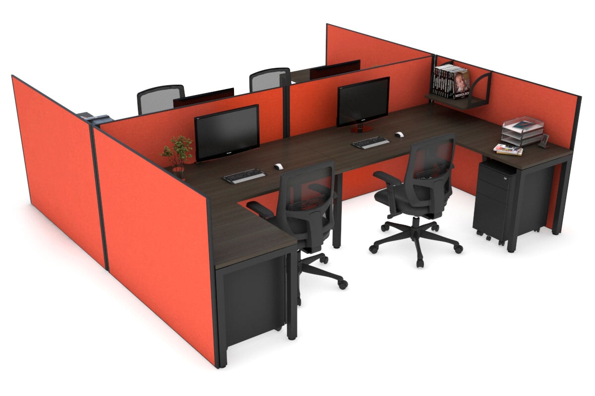 Quadro Square leg 4 Person Corner Workstations - H Configuration - Black Frame [1600L x 1800W with Cable Scallop] Jasonl dark oak squash orange none