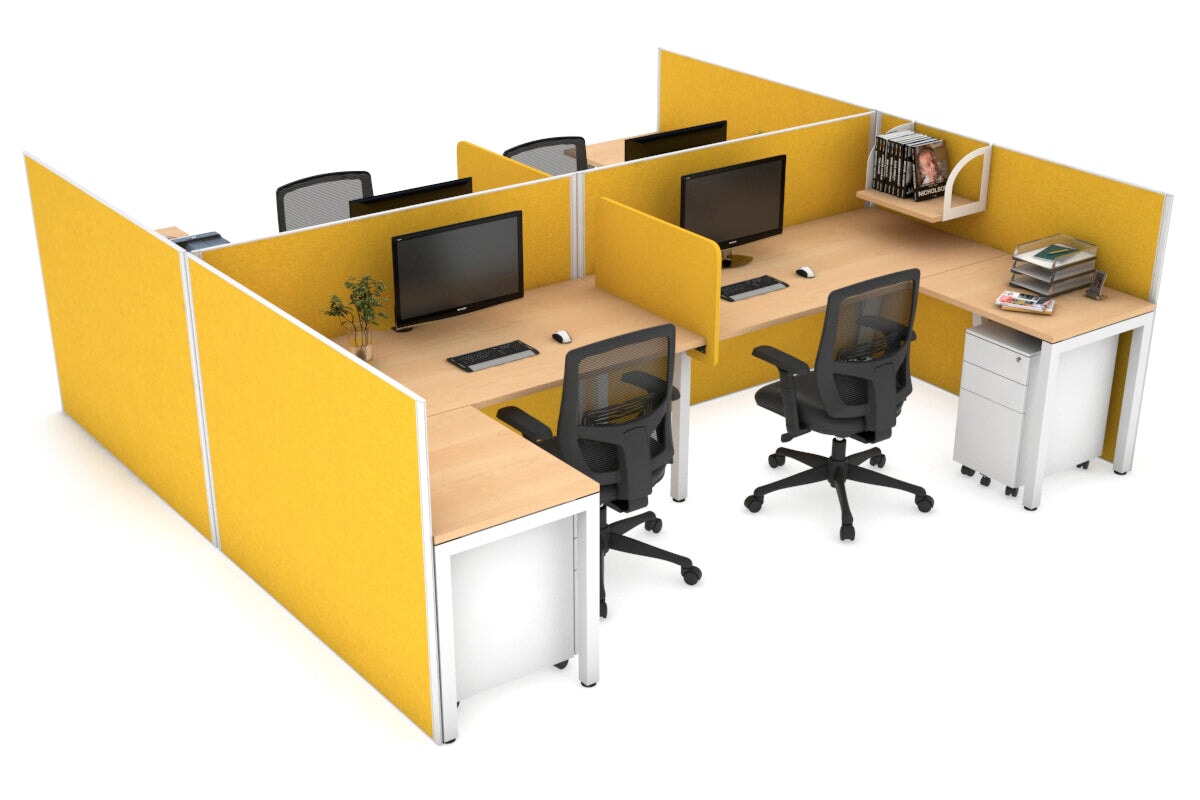 Quadro Square leg 4 Person Corner Workstations - H Configuration - White Frame [1400L x 1800W with Cable Scallop] Jasonl maple mustard yellow biscuit panel