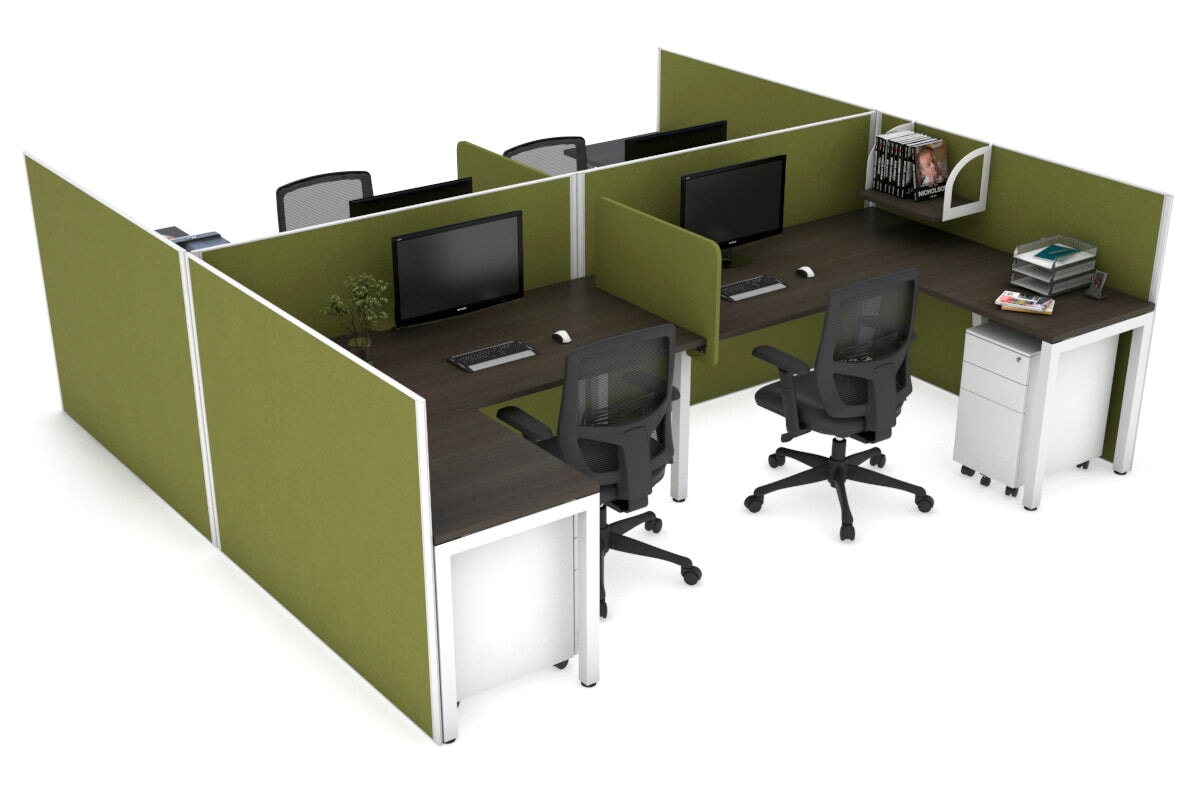 Quadro Square leg 4 Person Corner Workstations - H Configuration - White Frame [1400L x 1800W with Cable Scallop] Jasonl dark oak green moss biscuit panel