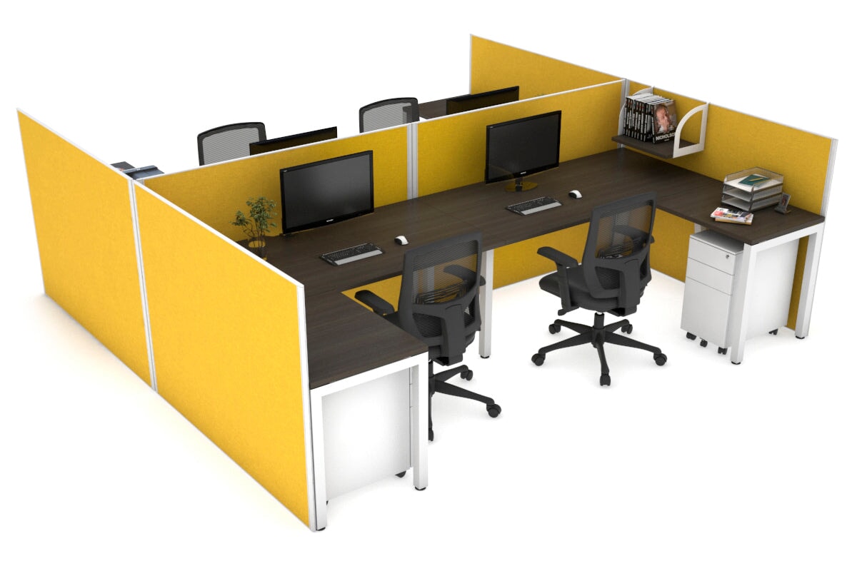 Quadro Square leg 4 Person Corner Workstations - H Configuration - White Frame [1400L x 1800W with Cable Scallop] Jasonl dark oak mustard yellow none