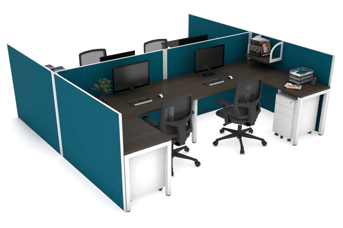 Quadro Square leg 4 Person Corner Workstations - H Configuration - White Frame [1400L x 1800W with Cable Scallop] Jasonl dark oak deep blue none